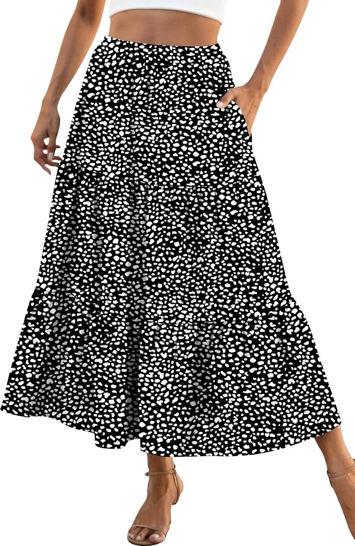 Naggoo Women's Summer Maxi Skirt Tiered A Line Ruffle Elastic High Waisted Flowy Beach Long Skirts with Pockets (Black, L)