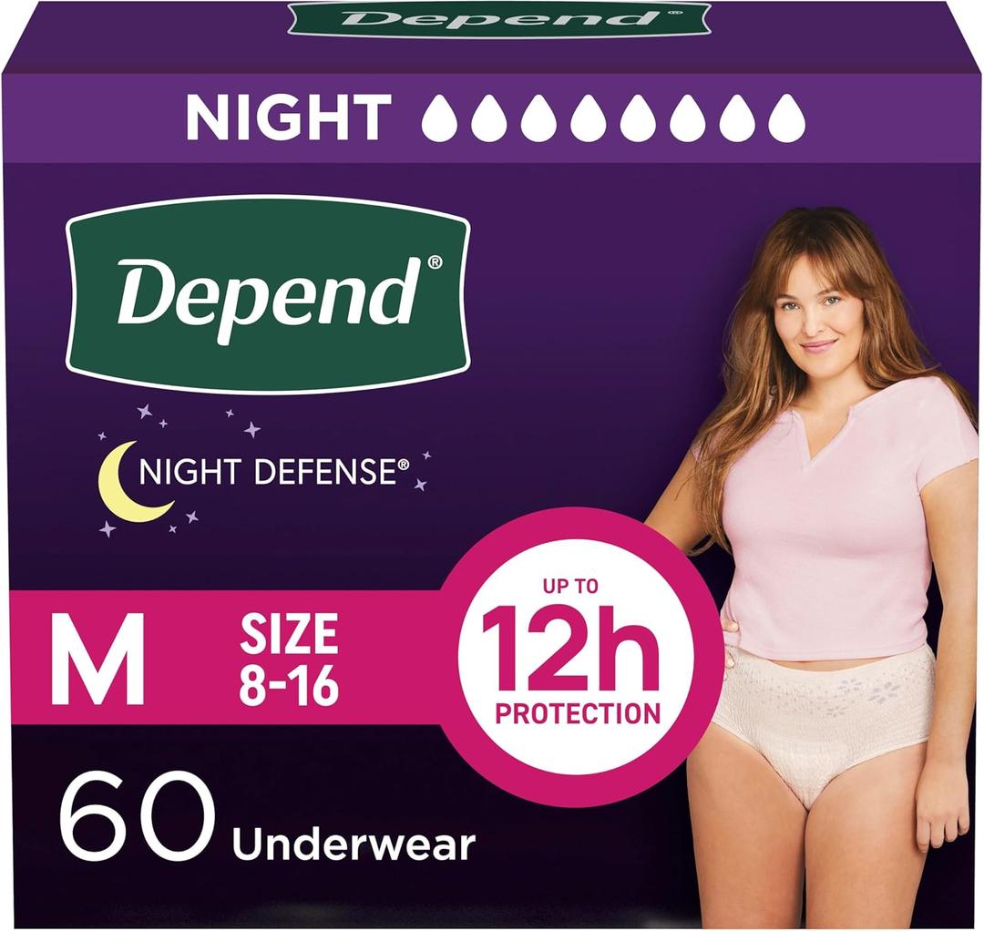 Depend Night Defense Adult Diapers, Incontinence & Postpartum Bladder Leak Underwear for Women, Disposable, Overnight, Medium, Blush, 60 Count (4 Packs of 15) 