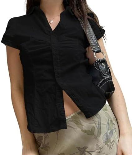Y2k Girls Vintage Coquette Button Down Shirt Women Short Sleeve V-Neck Slim Fitted T-Shirt Cute Blouse Crop Top Size S