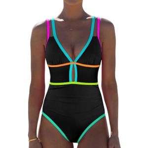 popvil Women One Piece Swimsuit 2026 Tummy Control Sexy Cutout Neon Color Block Bathing Suit Slimming Adjustable Swimwear (Medium, Black1)