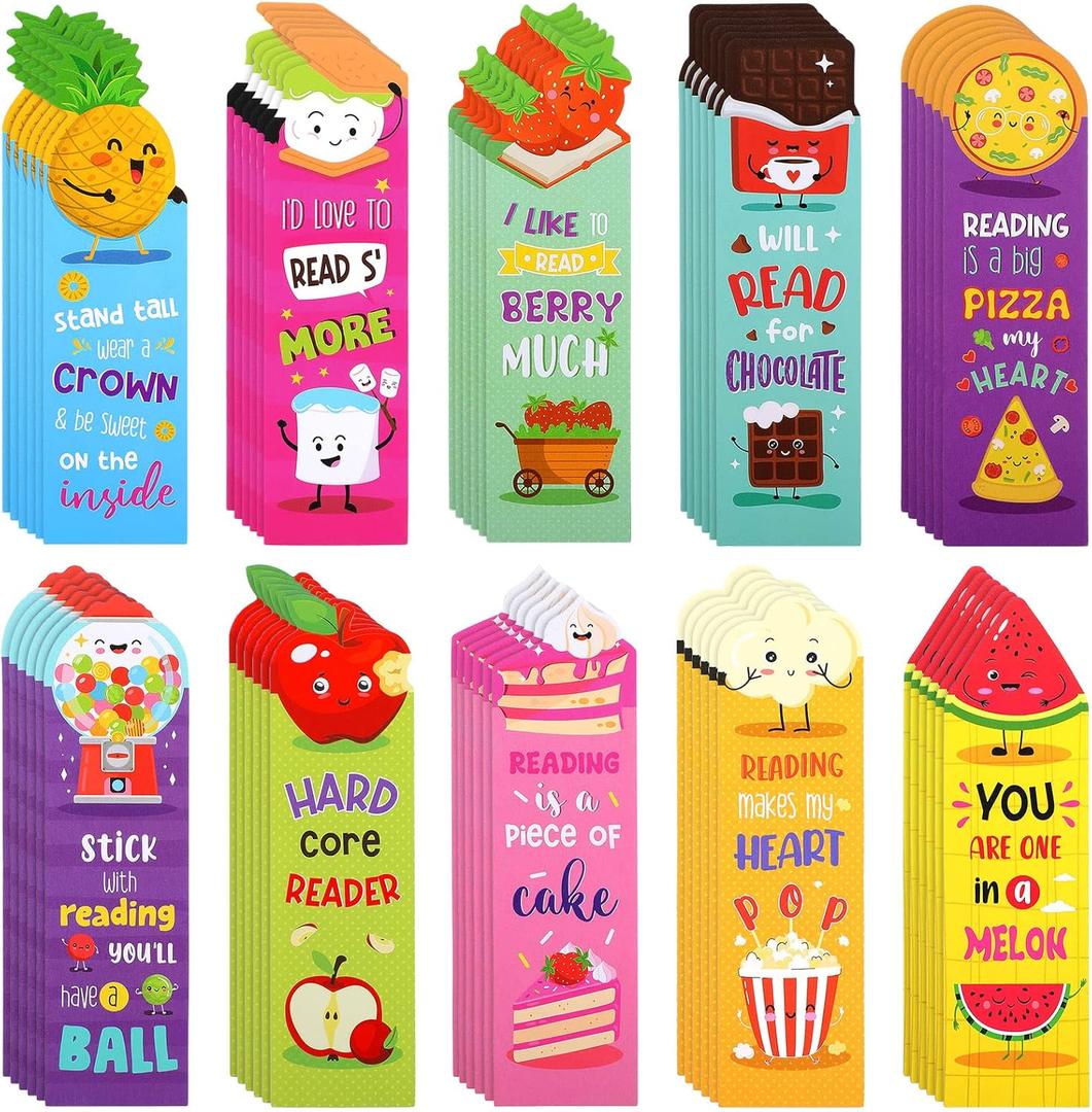 Eersida 60 Pieces Scratch and Sniff Scented Bookmarks Kids Fruit Food Theme Sayings Bookmarks Sayings Assorted Cute Scented Gifts for Students Teens Food Lovers, 10 Styles