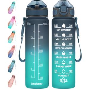 Enerbone 32 oz Drinking Water Bottle with Times to Drink and Straw, Motivational with Carrying Strap, Leakproof BPA & Toxic Free, Ensure You Drink Enough Water for Fitness Gym Outdoor (Navy Blue Green)