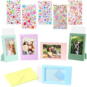 JOYZO6+52x3 Picture Frames and Gem Stickers Set, fits for Fujifilm Instax/Polaroid Mini 3Inch Photo Desktop Stand up Display, 6 Pack Small Picture Frames with Clear Front and 853pcs DIY Gems