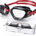 Swim Goggles, Unisex Adult Swimming Goggles Anti Fog Anti UV No Leakage Wide View for Men Women Youth (Black Red/Clear)