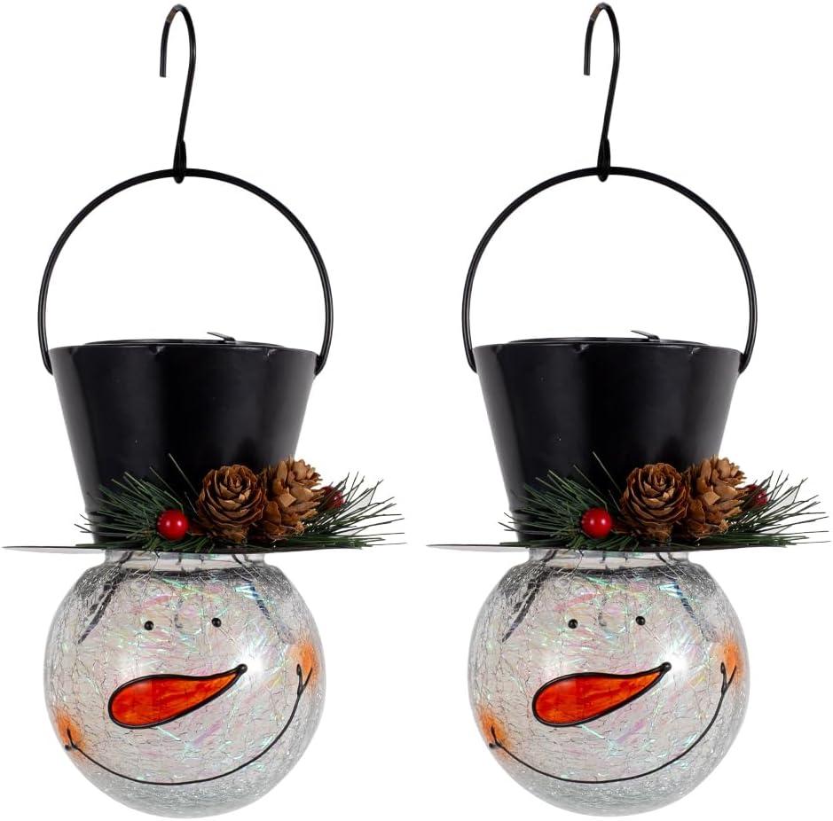Viveta 2Pack Snowman Solar Lantern, Solar Lanterns Outdoor Waterproof, Christmas Hanging Lantern Crackle Glass for Garden Patio Yard Decor (Large Leaves)