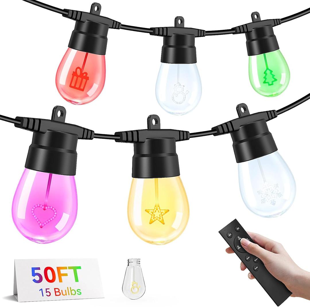 Brightever LED Outdoor String Lights, 50FT Patio Lights with 16 S14 Christmas Filament Bulbs, Dimmable&Speed Adjustment, Plug in IP65 Waterproof Outside Hanging Lights with Remote for Porch, Deck