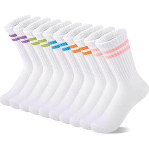 Comfoex 10 Pairs Girls Crew Cotton Socks Athletic Calf Striped Soft Casual Socks For Kids 10 Pairs, 10-12 Years