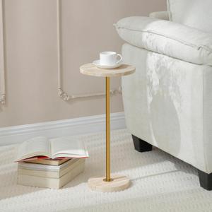 9.8-inch Marble Round Drink Table, Stone Finish Pedestal End Table for Living Room, Weighted Base Small Accent Side Table for Small Space Office - Beige