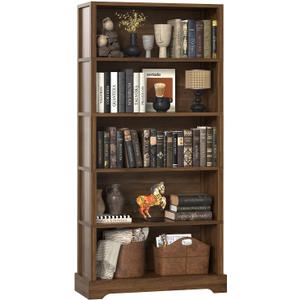 TVU 5 Tiers Wooden Bookshelf, 65.2" Tall Farmhouse Style Open Bookcase, 31.5" Wide Standing Book Shelf with Storage for Study Room, Living Room, Walnut, 11.8" D x 31.5" W x 65.2" H