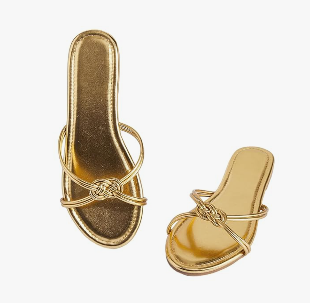 GORGLITTER Women's Strappy Flat Sandals Open Toe Metallic Summer Trendy 2025 Dressy Slides, 8.5
