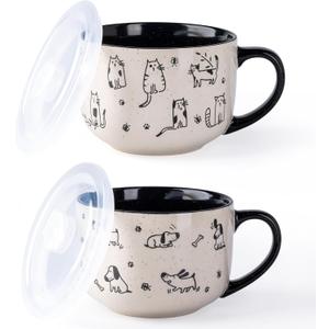 AmorArc 24 Ounces Ceramic Soup Mugs with Lids and Handle, Stoneware Bowls Cup Set of 2 for Soup, Stew, Noodle, Beautiful Mug Bowls With Lovely Dog,Cat Patterns, Microwave & Dishwasher Safe, Black