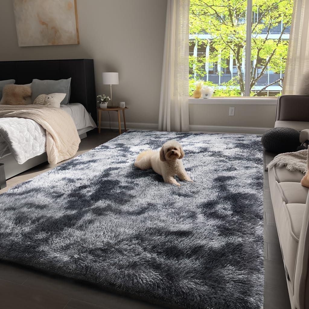 Ophanie Upgrade 4x6 Rugs for Bedroom, Fluffy Shaggy Soft Area Rug, Non-Slip Indoor Floor Carpet for Living Room, Kids Boys Teen Dorm Home Decor Aesthetic, Nursery, Feet Black and Grey (8-tie-dyed Black&grey)