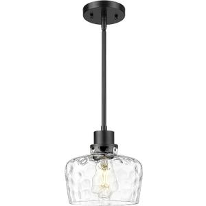 Emak 8 Inch Pendant Lights Kitchen Island, Black Pendant Light Fixtures with Hammered Glass Shade, Modern Farmhouse Island Lights for Kitchen, PL122-BK-HG
