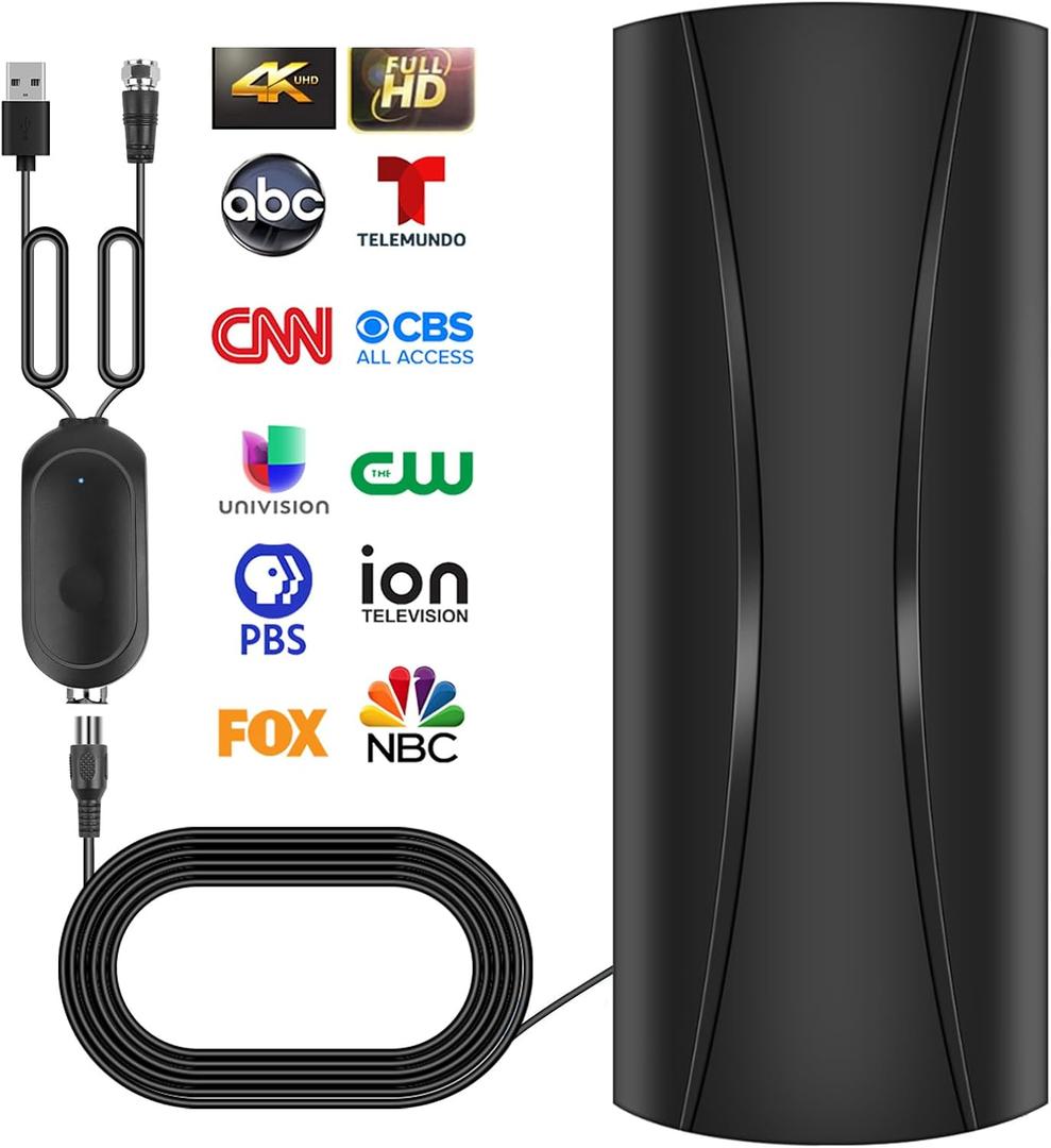 Strongest TV Antenna Indoor, 1000+ Miles Range Digital Antenna for Smart TV Indoor with High Gain Signals Booster, 360° Reception HD Antenna for Outdoor All TVs -36ft Coax Cable-Support 8K 4K 1080P