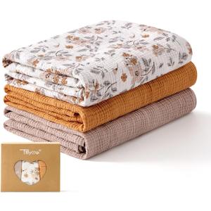 TILLYOU 3 Pack Muslin Swaddles for Newborns Baby Blankets for Girls Boys Cotton Swaddle Blankets 47"X47", Yellow Flower