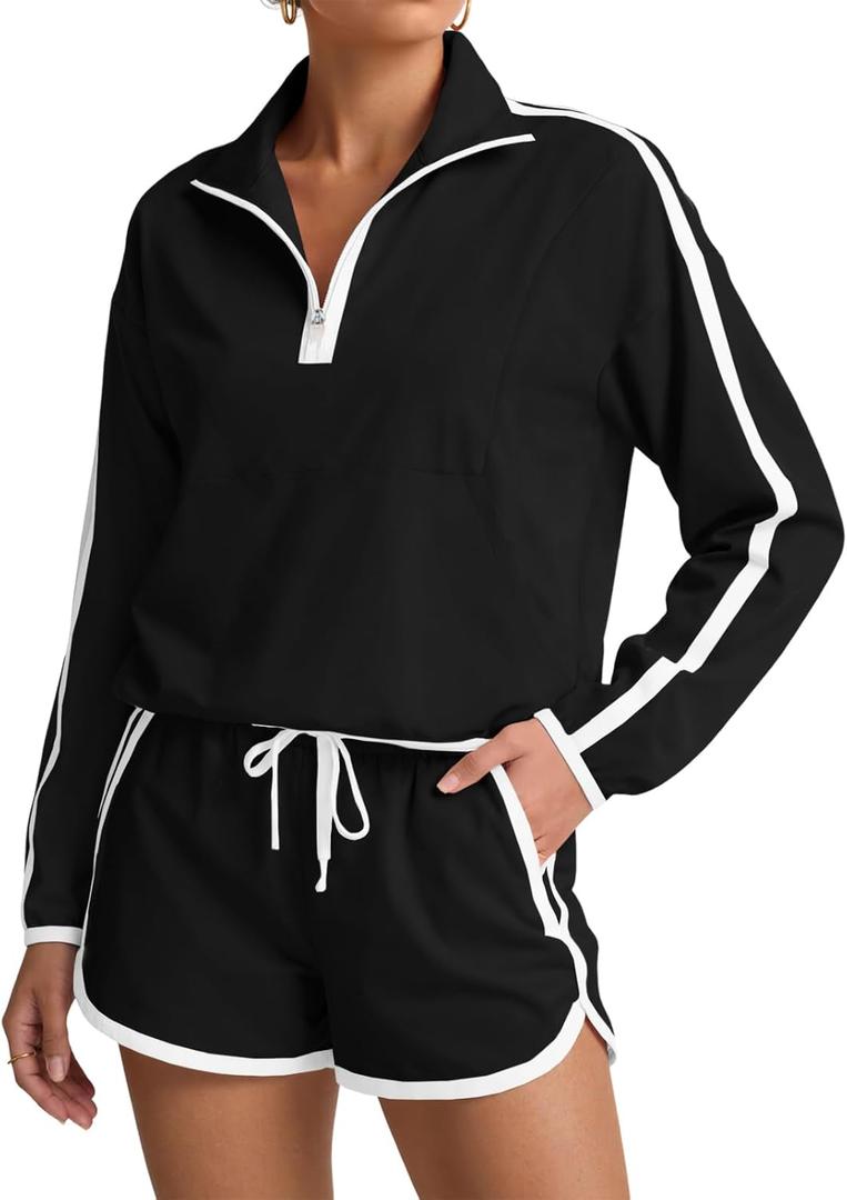 Fisoew Womens 2 Piece Outfits Sets Zip V Neck Long Sleeve Pullover Tops Shorts Casual Tennis Running Tracksuits (X-Large, Black)
