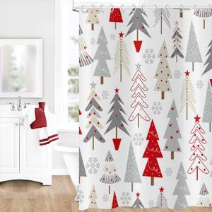 Christmas Tree Shower Curtain, Grey Beige Red Xmas Tree with Stars Snowflake Cute Bathroom Curtain for Boys Girls Bathtub Decor Waterproof Washable Fabric with 12 Hooks, 72''Lx72''W