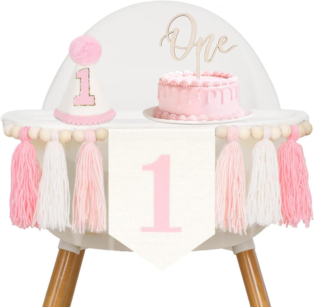 GCQQ Pink One High Chair Banner - Baby Girl First Birthday Decorations 1st Birthday Girls One Year Old Outfit Garlands with Wood Bead Tassel Conical Hat Cake Topper for Baby Shower Party Decoration