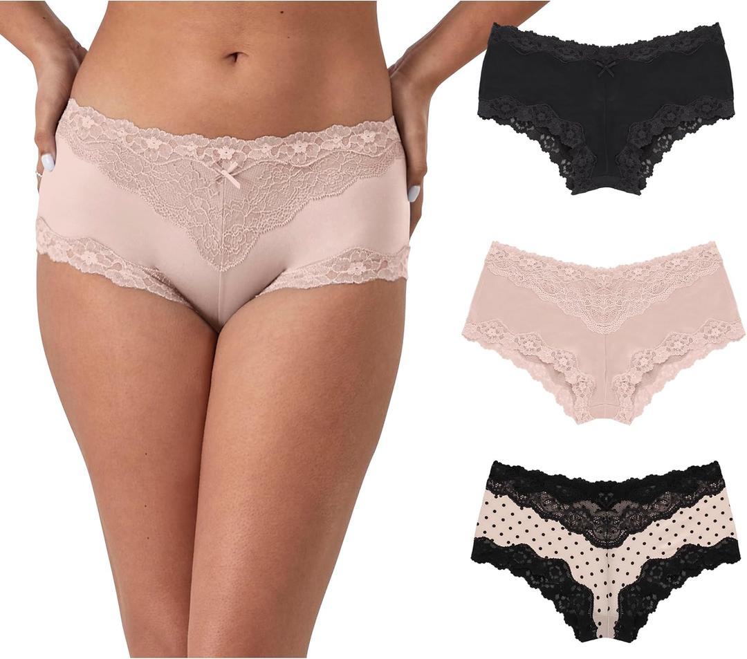 Maidenform Cheeky, Lace Hipster Panties, Sexy Underwear for Women, 3-Pack (Medium, Black/Sandshell Dot Print/Sandshell)