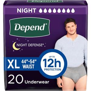 Depend Night Defense Adult Diapers, Incontinence Underwear for Men, Disposable, Overnight, Extra-Large, Grey, 20 Count, Packaging May Vary