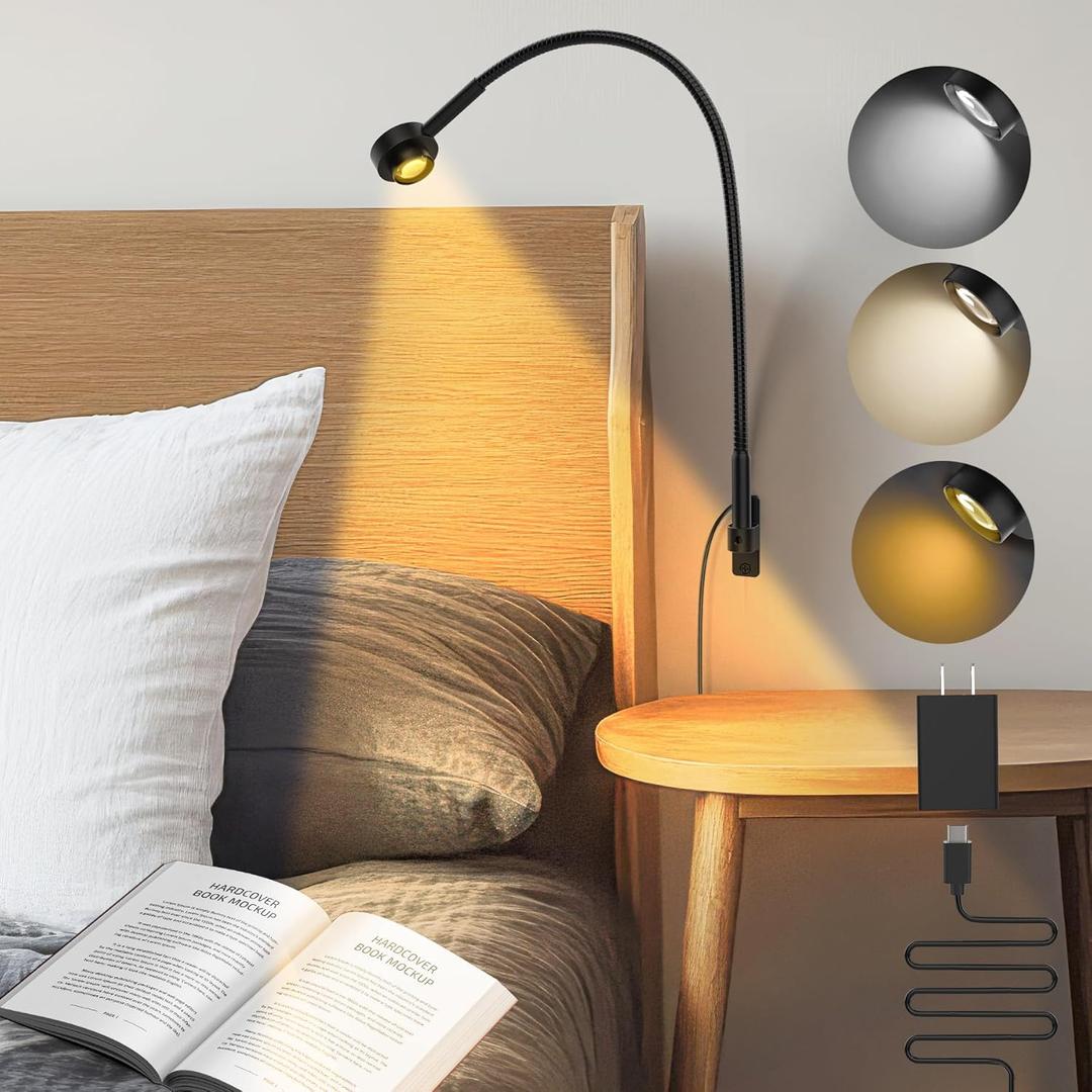 Wall/Headboard Mounted Reading Light, Minimalist Bedside LED Reading Lamp, CRI 95+ Dimmable Book Light, Dual Switches (Brightness & 3 Color Temp), 300 Rotatable Head, USB-C Powered