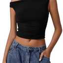 QINSEN Woman's One Shoulder T Shirt Double Lined Sleeveless Tee Slimming Fit Crop Top Black S