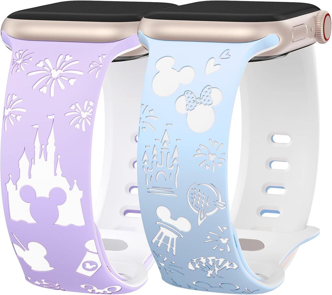 2 Packs Cartoon Engraved Band Compatible with Apple Watch Band, Women Two-Tone Cute Soft Silicone Sport Strap for iWatch, Size: 38/40/41/42mm(Series 10): 5.1"-7.5" (Lavender White/Sky Blue White)