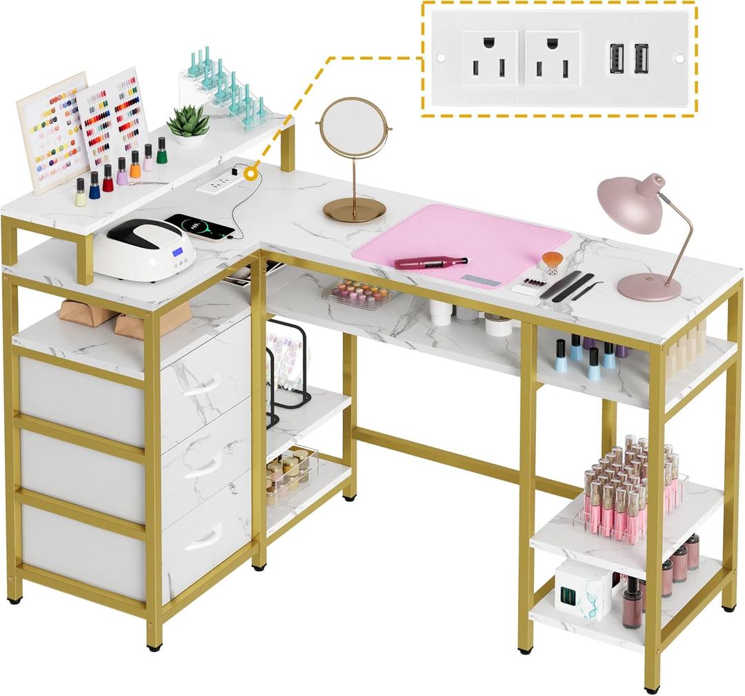DWVO L Shape Nail Desk for Nail Tech - Spacious Manicure Table with Built-in Charging Station, Marbling Texture Manicure Station for Home, Beauty Salon Spa (White)