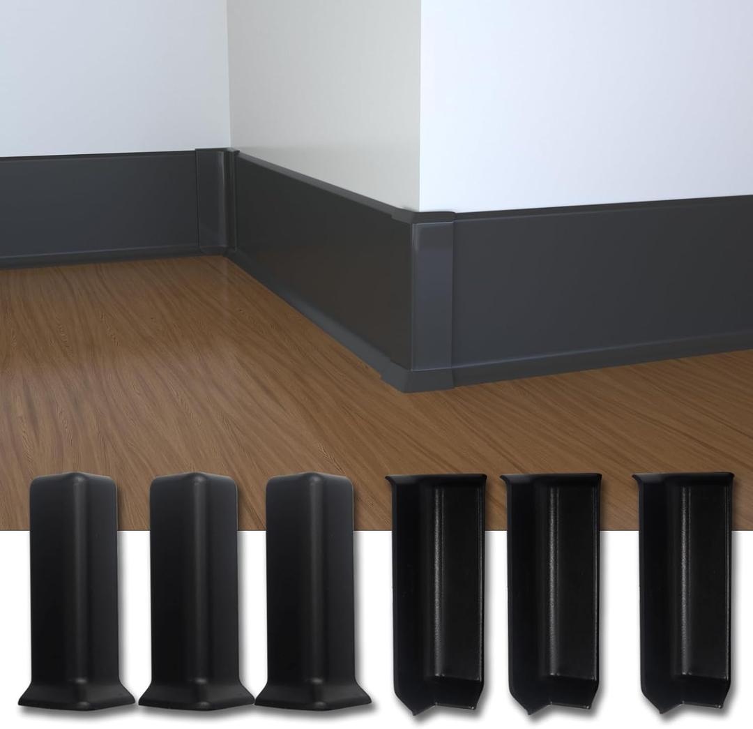 COUKIU Self Adhesive Baseboard Corner Blocks, 6inch(Width)3 Inside + 3 Outside Corners-Connector Between The Wall Base Cove Base Rubber Moulding Trim, Perfect Match for Our S152 Baseboard(Black)