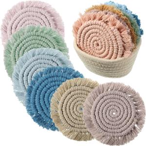 6 Pcs Coasters for Drinks Absorbent Boho Cotton Woven Absorbent Coaster Farmhouse Tassel Macrame Coaster with Holder Housewarming Gift for Kitchen Office Coffee Table Decor, 4 in(Morandi)