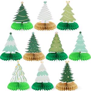 Spiareal 10 Pcs Christmas Tree Honeycomb Centerpieces 3D Xmas Paper Trees Centerpiece Winter Green Gold Tree Table Decor for Merry Christmas Party Supplies Indoor Home Holiday Sign