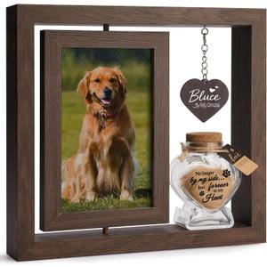 Dog Memorial Gifts for Loss of Dog Rotating Wooden 4x6 Picture Frame with Fur Keepsake Jar & Writable Name Card, Pet Remembrance Sympathy Gift for Dog & Cat Lovers (Brown)