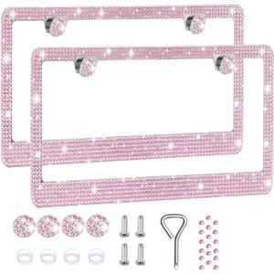 2 Pack License Plate Frames for Women, Sparkly Rhinestone Diamond Car Accessories with Glitter Crystal Caps (Pink (2PCS))