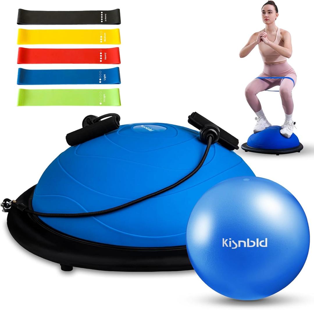 kisnbld Half Balance Ball Trainer, Inflatable 19/23 Inch Half Exercise Ball with Resistance Bands and Pilates Ball, Non-Slip 660lbs Capacity Yoga Ball for Home Gym Full Body Workouts (Blue)