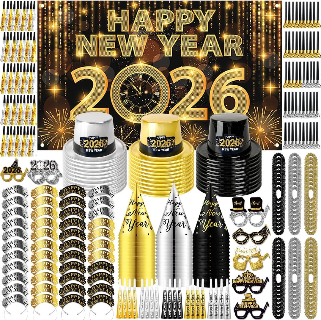 MOVINPE 2026 New Years Eve Party Supplies Bulk Set Serve 36, Cone Hats, Tiaras, Photo Booth Glasses Props, Squawkers, Blowouts, New Year's Party Favors Event Supplies for Kids Adults