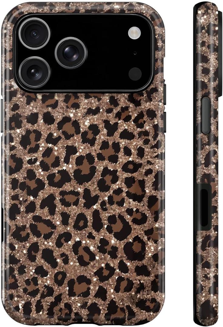 For iPhone 17 Pro Case,Luxury Sparkle Leopard Print Pattern Vintage Cheetah Design,Dual Layer Soft TPU Hard PC Bumper Case,Protective Phone Cover for Women Girls-Brown Leopard Print