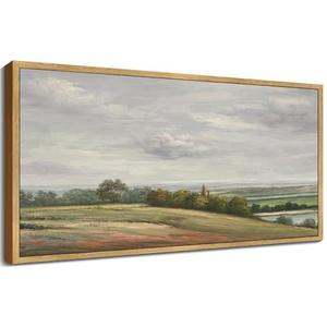 SHENIFY 20x40in Extra Large Vintage Framed Wall Art White Clouds Over Vast Grassland Landscape Painting Retro Meadow Scenery Farmhouse Bedroom Above of Bed Living Room Decor - Natural Framed