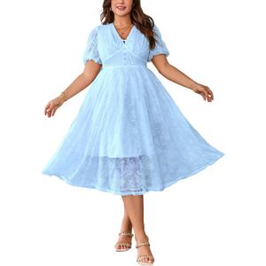 EYWOL Plus Size Wedding Guest Dress: Cocktail Dresses for Women - Brunch Dress with Sleeves - A Line Elegant Party Prom Blue (Blue, XXL)