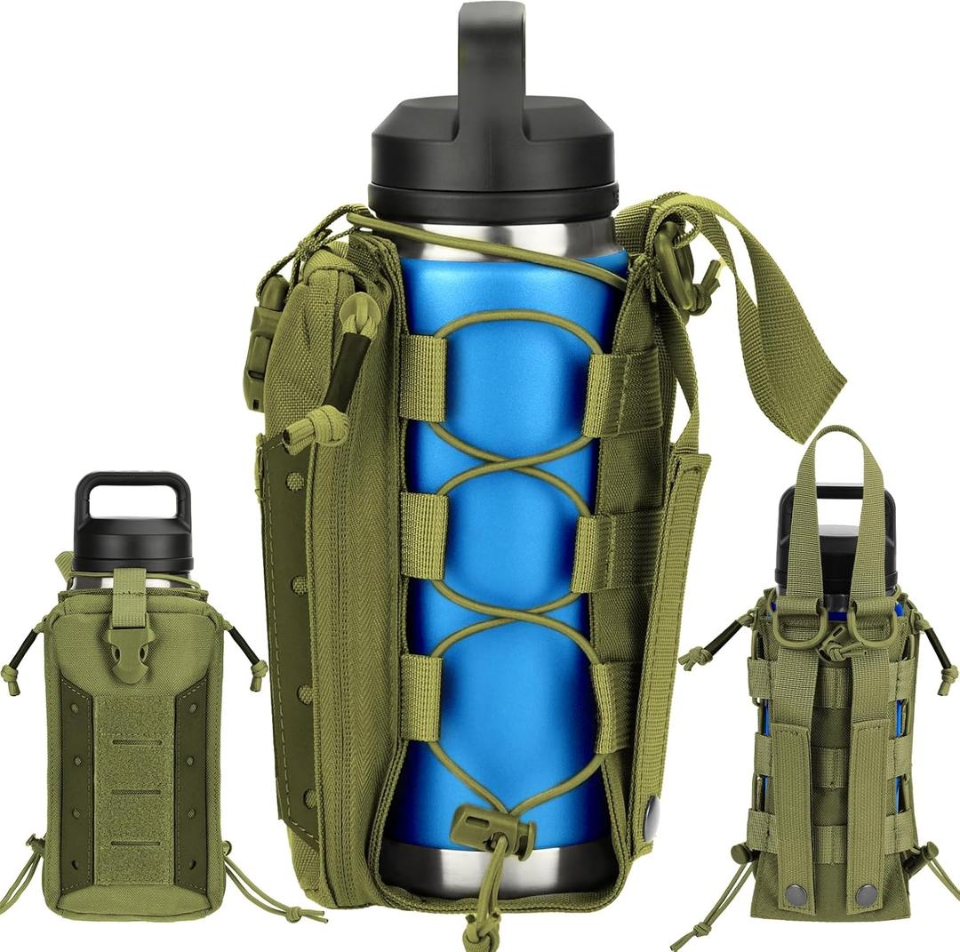 Molle Water Bottle Holder, Water Bottle Pouch Attachment for Backpack, Adjustable Multi-Purpose Tactical Bag for 16 24 32 40 64 oz Adapted to Vest Belt (Green)