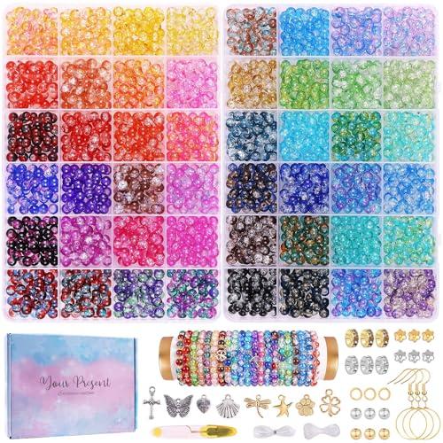 2600 PCS 6mm Crackle Glass Beads for Jewelry Making, 48 Colors Crystal Beads Bracelet Making Kit, Round Beads for Bracelets, Friendship Bracelet kit for DIY Crafts Gifts, 2 Box (Crackle Colors)