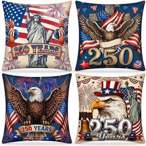 Fanfanwin 4 Pcs 250th Anniversary Pillow Covers 18x18 Inch,Fashion Style | USA Red White Blue Cushion Case, 4th of July Sofa Decor, American Flag Eagle Statue of Liberty Designs, Patriotic Home