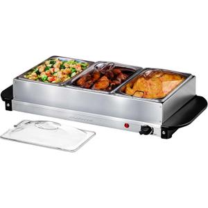 OVENTE Electric Buffet Server and Food Warmer, Three 1.5 Quart Chafing Dish Set with Stainless Steel Warming Tray Perfect for Holidays and Dinners, Silver FW173S