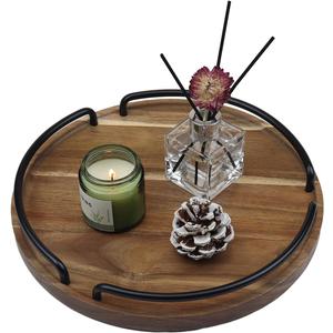 Round Wooden Serving Tray - Rustic Style Decorative Tray for Coffee Table, Living Room, Vanity - Acacia Wood Tray with Handles - Housewarming Gift - 12 Inches (Diameter) (Natural Color)