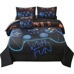 JQinHome Queen Gaming Comforter Sets for Boys,6 Piece Bed in A Bag 3D Video Game Bedding All Season Soft Microfiber Gamer Bedding Sets for Kids, Pillowcase, Flat Sheet, Fitted Sheet,Cushion Cover (Blue)