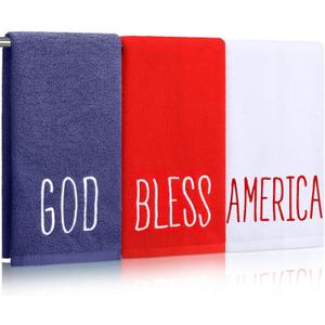 FuWeave 3 Pcs Patriotic Hand Towels 13.7 x 29.5 Inch 4th of July 250th Anniversary Embroidered Cotton Red Blue White God Bless America Bathroom Kitchen Dish Towel for Independence Memorial Day Decor