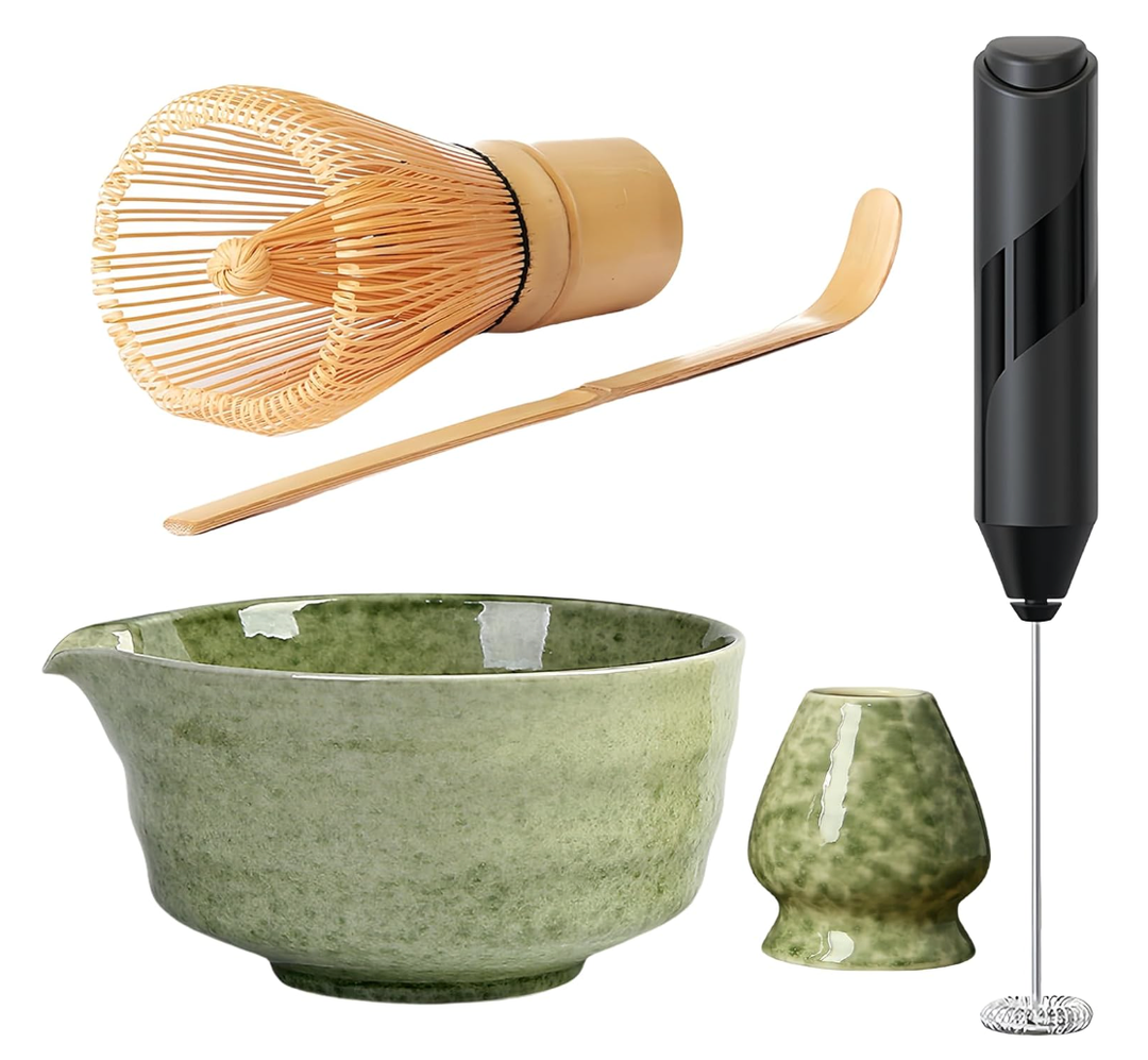 Matcha Set, Includes Matcha Bowl, Bamboo Tea Whisk, Whisk Stand, Bamboo Tea Spoon, Matcha Tea Set with Electric Milk Frother, Macha Tea Set, 4 Pieces for Japanese Tea Ceremony