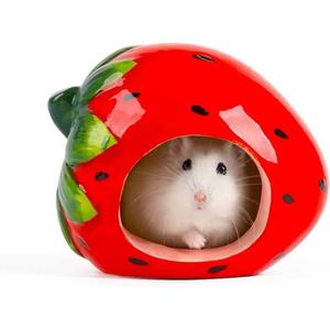 Small Animal Hideout Ceramic Hamster House Chinchilla Mini Hut Cave Cage Accessories for Dwarf Hamsters Gerbils and Hedgehog(Strawberry)