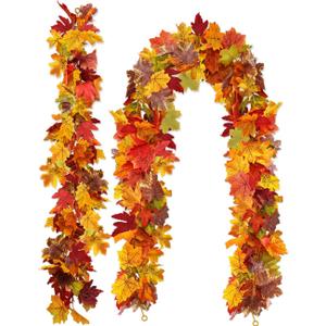 wohohoho 2 Packs Fall Garland Maple Leaf, 5.9Ft/Pieces Fall Leaves Garland 7 Maple Leaves Hanging Vines for Autumn Decor Halloween Thanksgiving Christmas Indoor Outdoor Decorations (Orange)