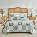 Joyreap 3 Pieces Floral Patchwork Quilt Set King, Green Flowers Design, Soft n Cozy Microfiber Quilt, Bedspread Bed Cover for All Season, 1 Quilt and 2 Pillow Shams- 102x90 inches