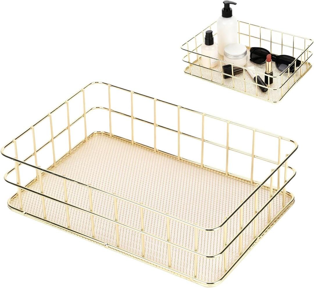 Gold Wire Mesh Basket, Iron Storage Tray Desktop Storage Baskets Gold Wire Basket Large Storage Bins for Home Kitchen Decoration, 9.6 X 6.5 X 2.6 In